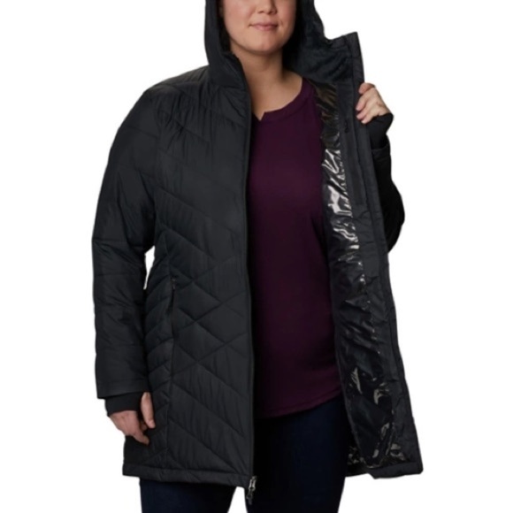 New Columbia Women's Size 2X Black Heavenly Long Hooded Jacket Plus Omni-Heat - Picture 2 of 3